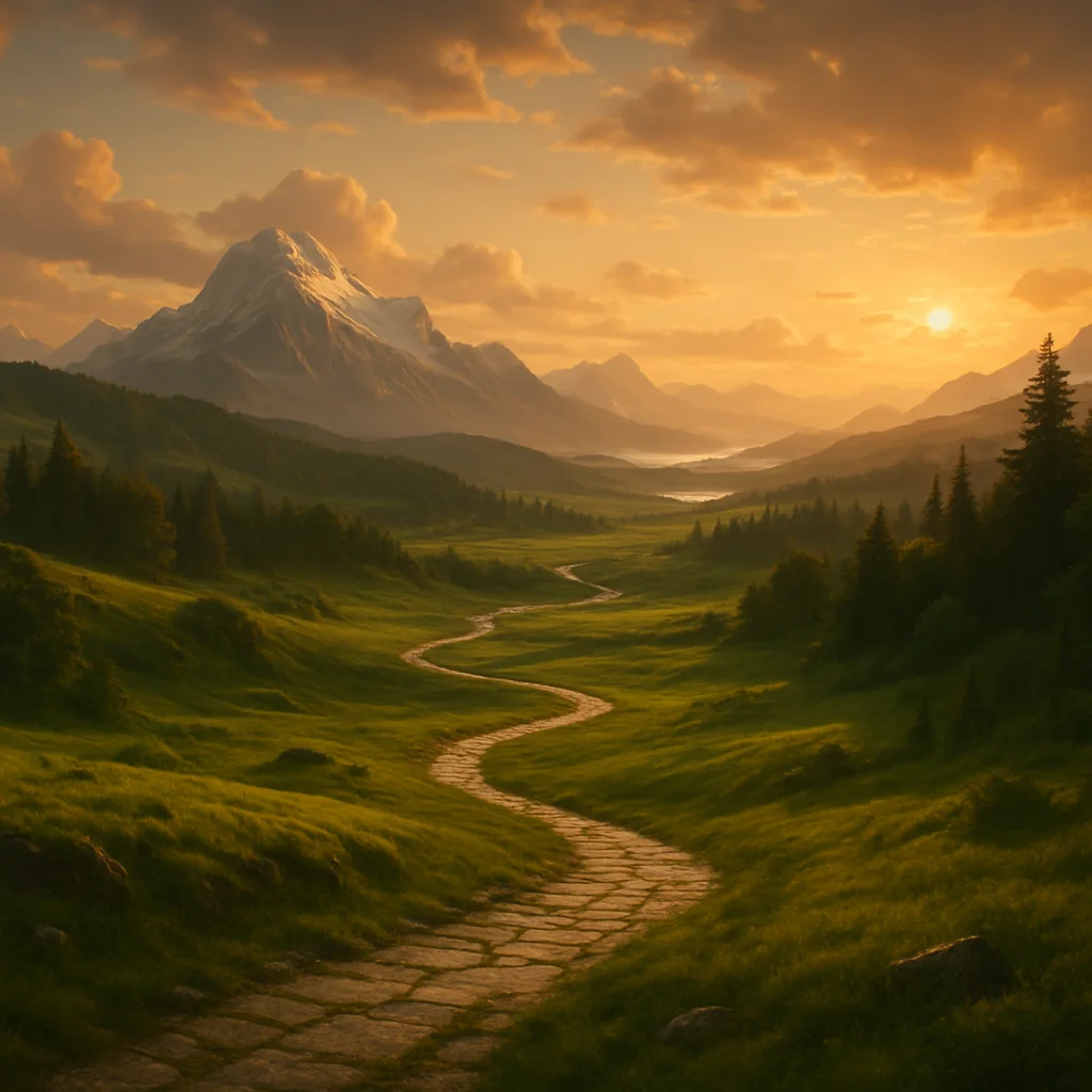 Paisaje épico de la Tierra Media con montañas nevadas, un camino serpenteante y una atmósfera de fantasía medieval al atardecer
