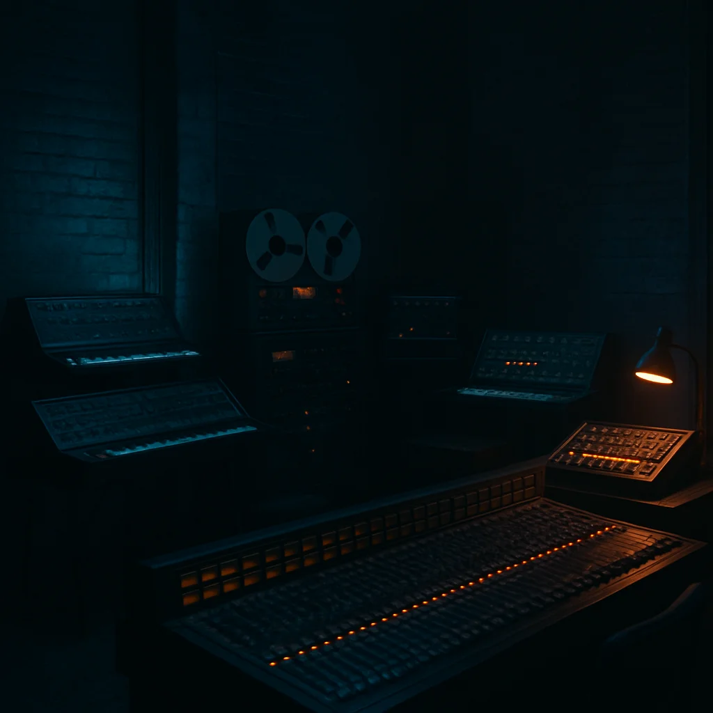 Imagen en blanco y negro de un estudio de grabación vintage de los años 80 con sintetizadores analógicos, mezcladora y atmósfera post-punk industrial